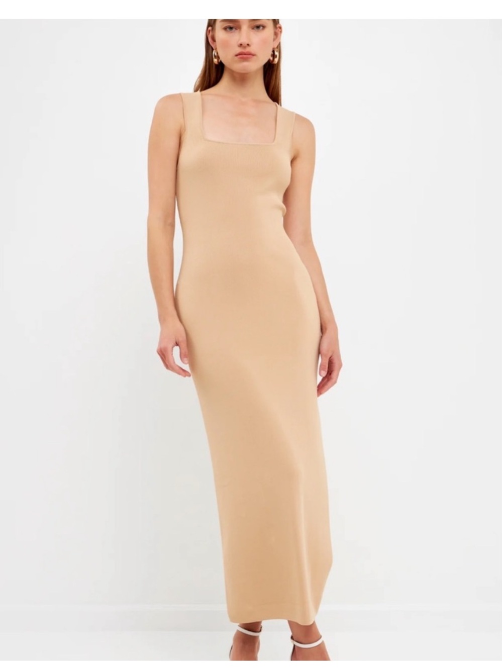 Endless Rose Beige Knit Square-Neck Midi Dress